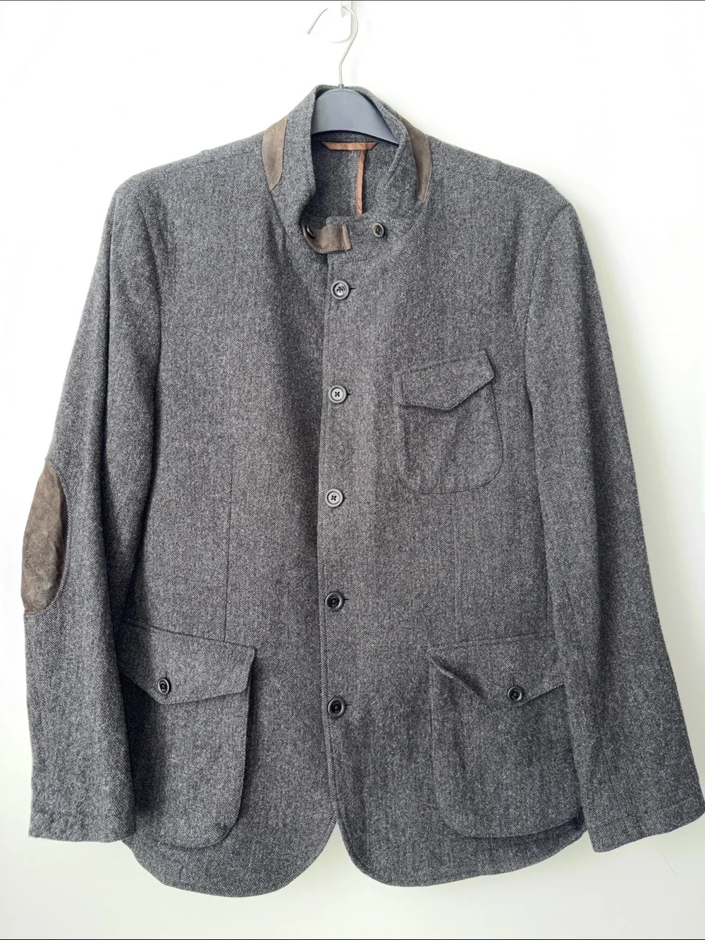 Massimo Dutti Gray Wool-Blend Field Jacket with Suede Trim